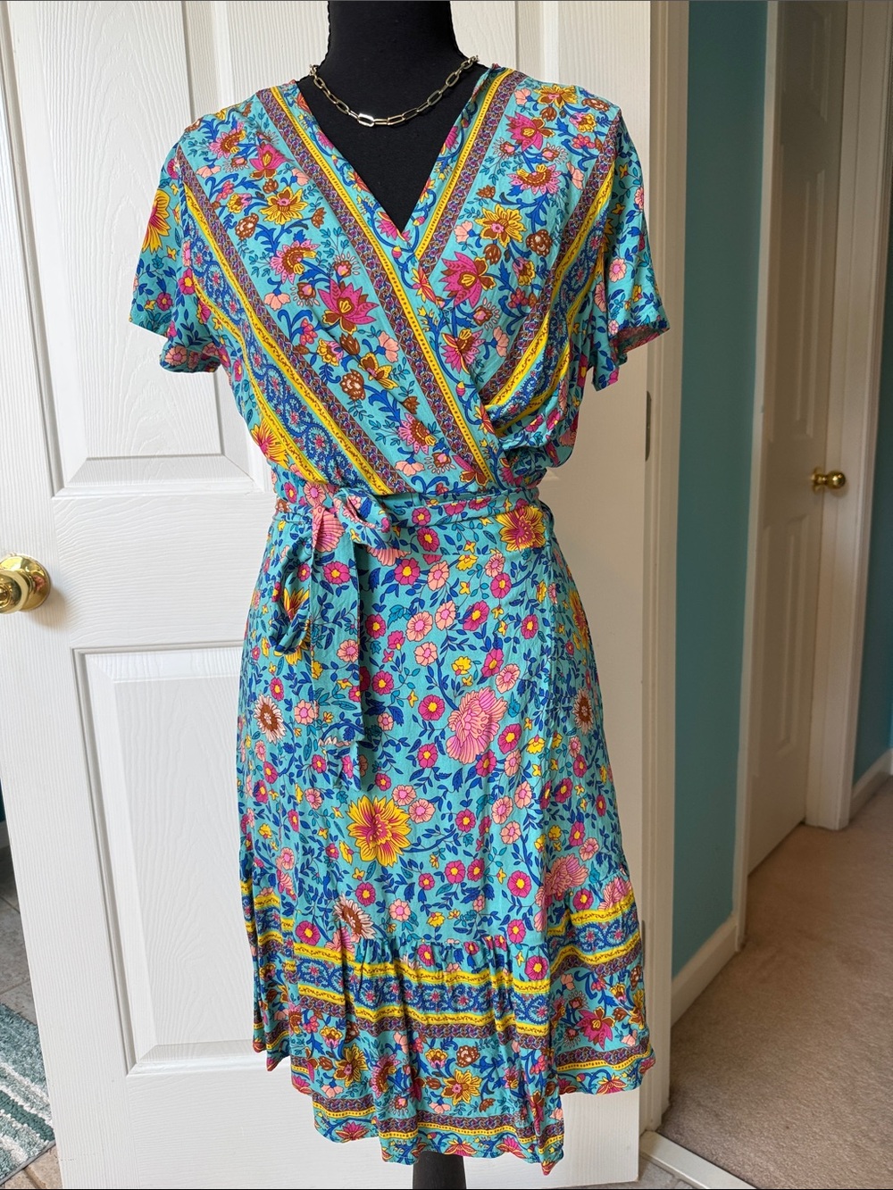 Floral Wrap Midi Dress in Turquoise